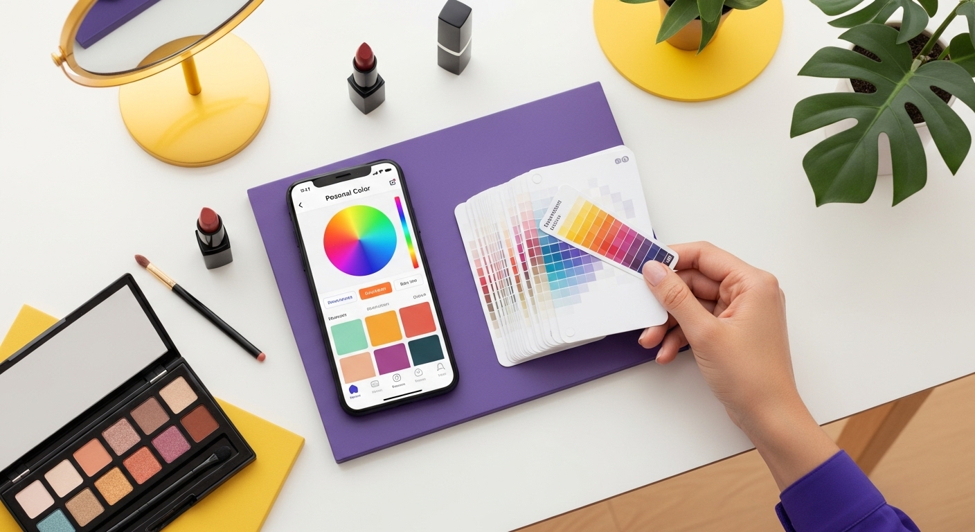 스마트폰 AI 퍼스널 컬러 앱 화면과 실제 퍼스널 컬러 스와치 카드를 비교하는 모습, 다양한 화장품과 함께 놓인 테이블.