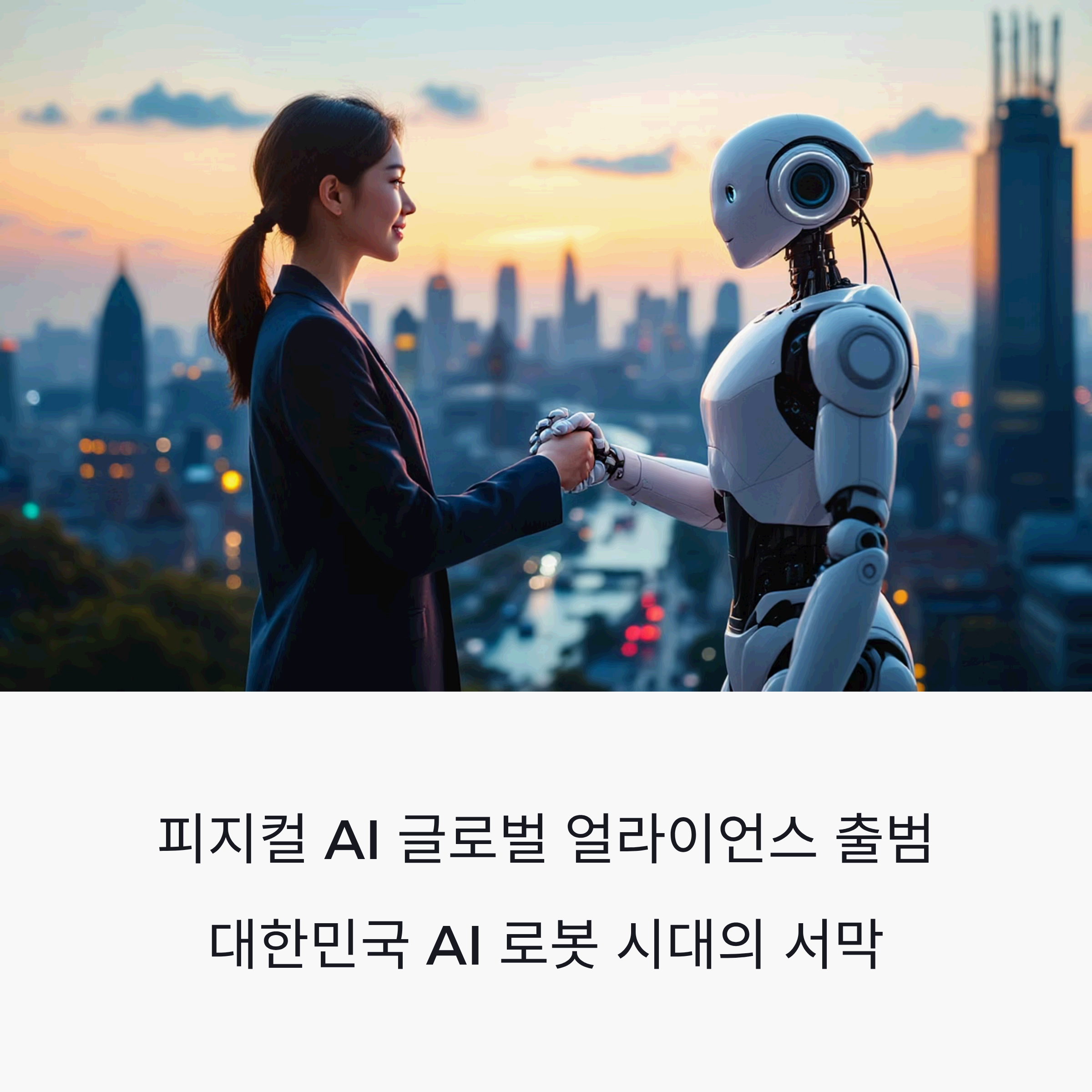 city skyline with person in contemporary business attire shaking hands with humanoid robot