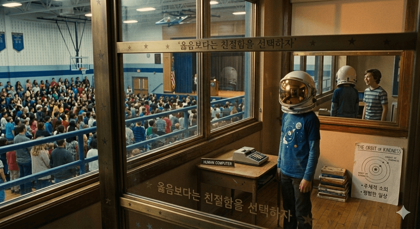 영화 원더 속 주인공 어기가 헬멧 뒤에 숨어야 했던 두려움과, 그를 바라보는 세상의 시선을 입체적으로 재해석한 미장센.