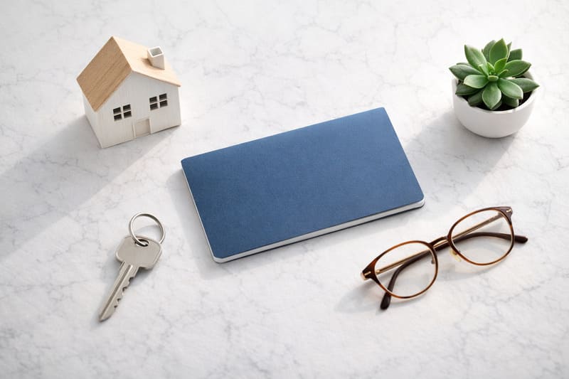 책상 위에 청약통장과 주택 모형, 열쇠가 놓여 있는 청년주택 드림 청약통장 기록 이미지