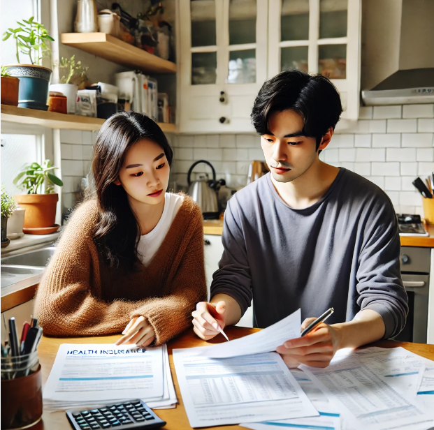 집에서 국민연금에 대해 예산을 논의하는 부부