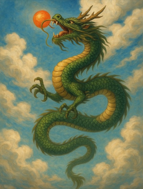 여의주를 물고 하늘로 올라가는 용의 이미지