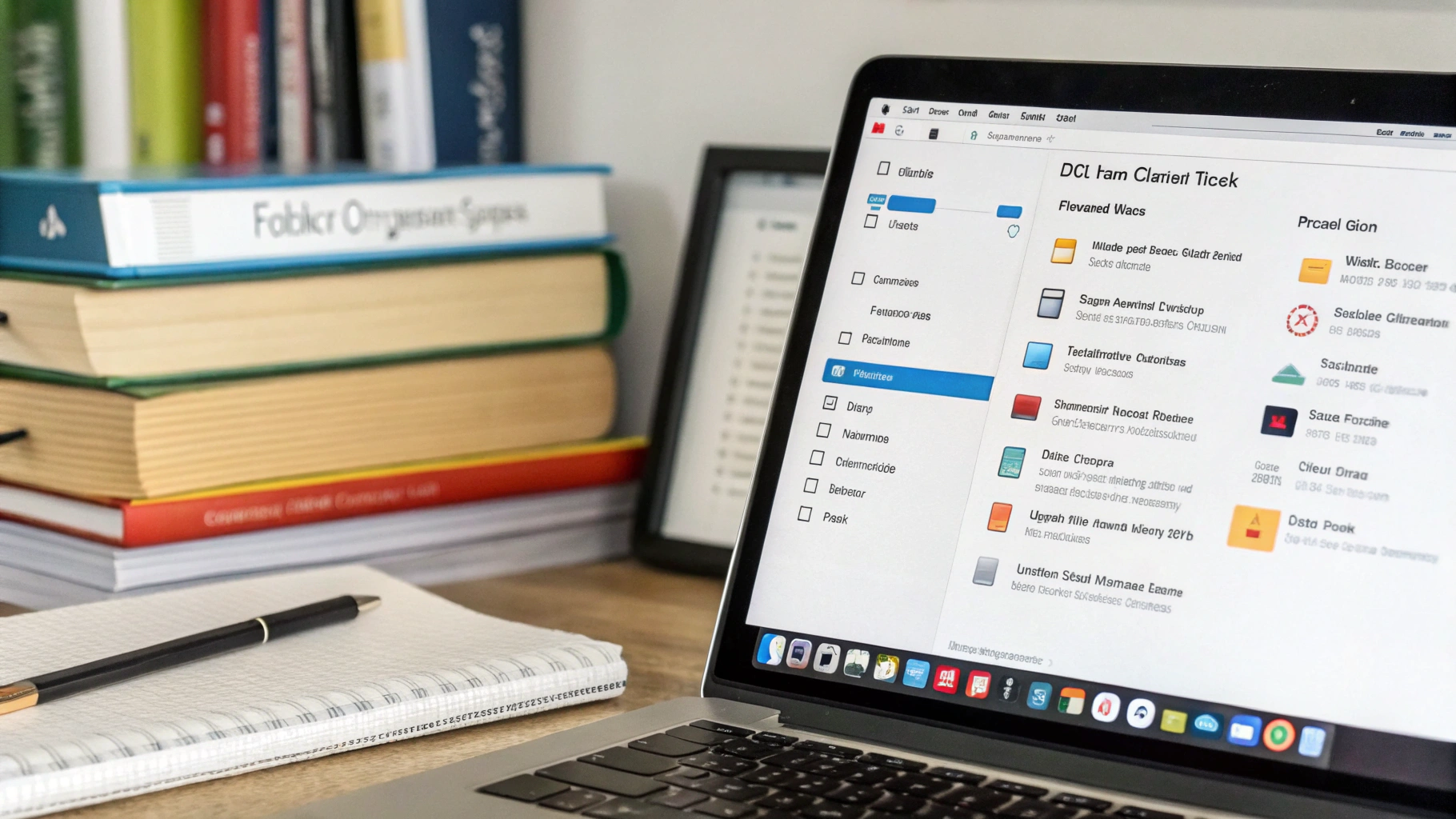 책상 위에 놓인 노트북 화면에 파일 관리 프로그램처럼 보이는 인터페이스가 열려 있으며, 다양한 아이콘과 텍스트가 정렬되어 있음. 그러나 텍스트는 대부분 의미 없는 단어 조합이나 오타로 구성되어 있음. 화면 하단에는 macOS 스타일의 앱 독(Dock)이 표시되어 있고, 주변에는 공책과 펜, 여러 권의 책이 정리되어 있어 학습 또는 업무 환경을 연상시킴