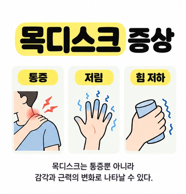 목디스크 증상 제목 아래 목과 어깨 통증, 손 저림, 물건을 쥐는 힘 저하를 보여 주는 세 그림