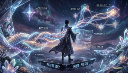 여물봉 정상에서 바인더 슬라이드 기법과 땋은 머리 수행을 통해 현실을 재구조화하는 트랜서퍼의 모습