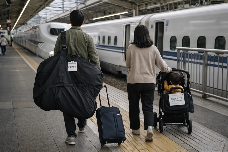 신칸센 승강장에서 접이식 자전거가 들어 있는 전용 가방을 든 남성과 유모차를 미는 여성이 아이와 함께 열차 문 쪽으로 걸어가는 모습