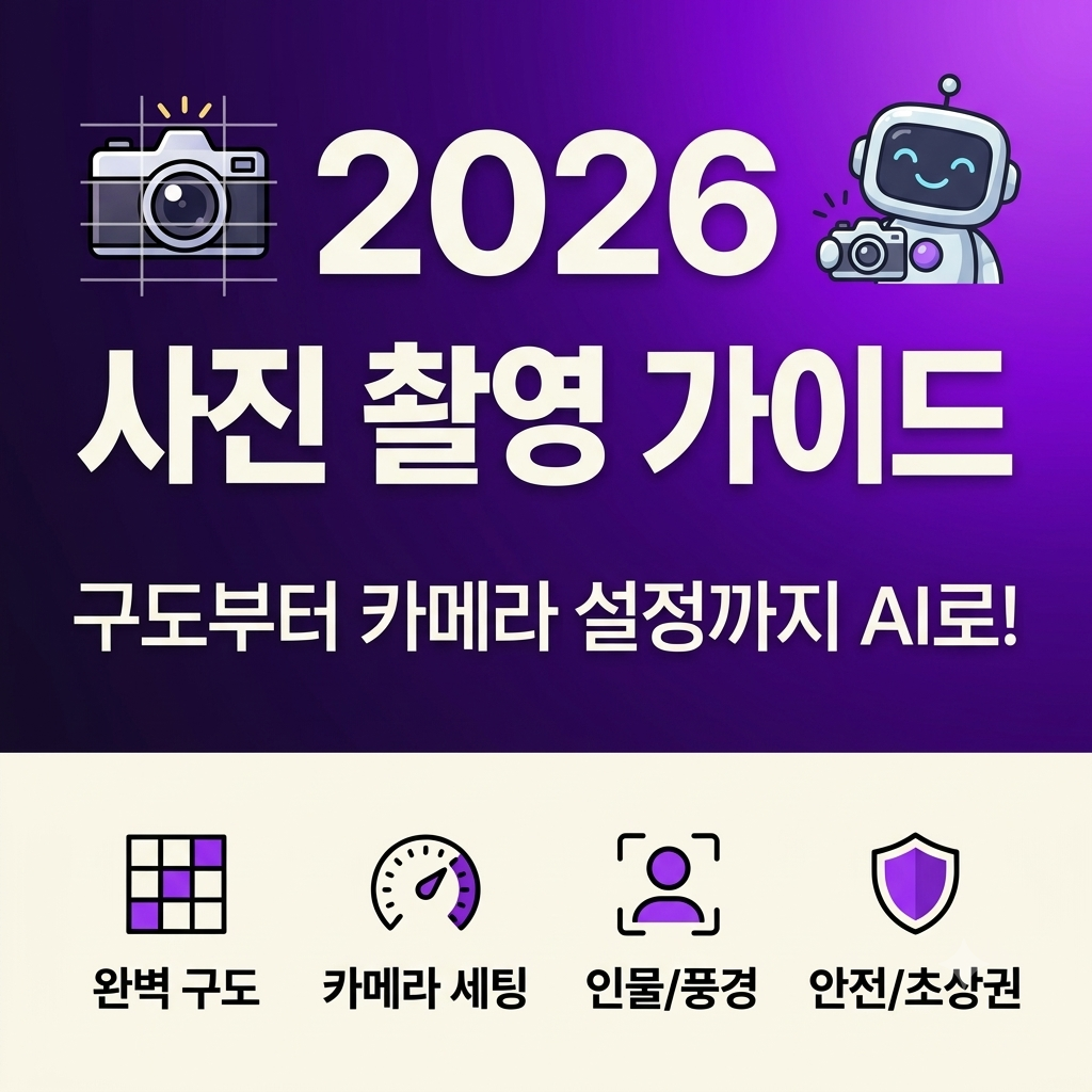 2026년 사진 촬영 가이드를 위한 티스토리 블로그 썸네일로, 보라색 배경에 카메라, 로봇 캐릭터, 그리고 '구도부터 카메라 설정까지 AI로!'라는 문구가 포함된 이미지입니다.