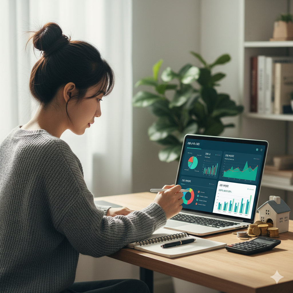 노트북 앞에 앉은 사람이 화면 속의 지출 그래프와 분석 차트를 꼼꼼히 확인하며 소비 패턴을 점검하고 있다. 옆에는 계산기, 메모장, 동전 저금통이 놓여 있다. 무의식적 소비를 인식하고 실전 지출 분석을 통해 재무 습관을 바로잡으려는 체계적인 돈 관리를 상징한다.