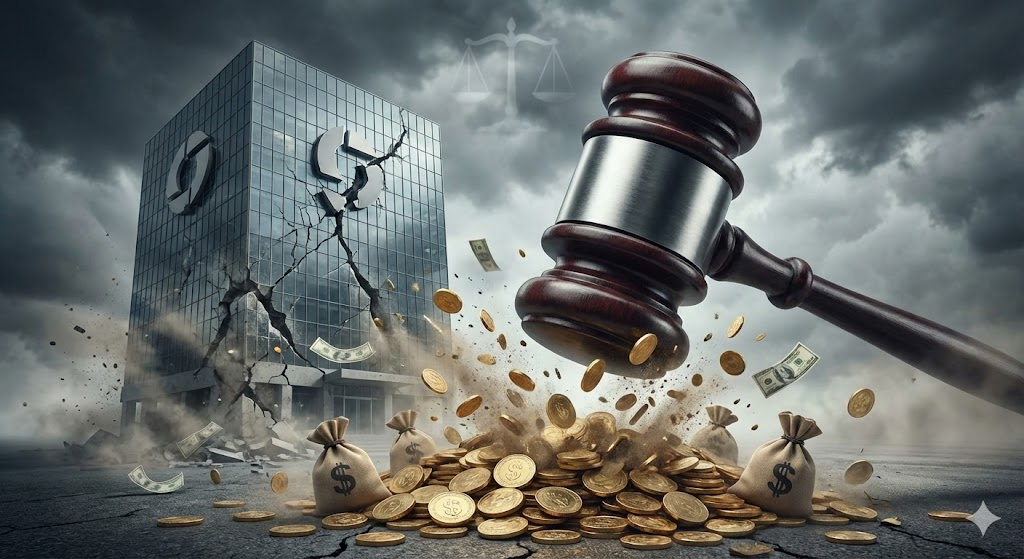 법봉(가벨)과 디지털 데이터 보안 아이콘이 함께 놓여 있는 모습, 기업의 개인정보 유출에 대한 징벌적 손해배상과 법적 책임을 상징하는 이미지