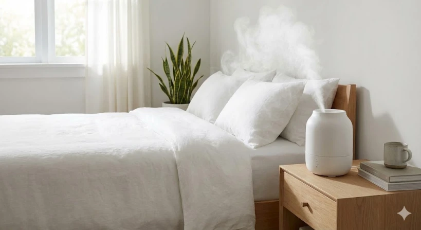 단정하게 정돈된 침실 한켠에 모던한 흰색 가습기가 촉촉한 수증기를 뿜어내고 있는 사진입니다. 하얀 침구와 초록색 식물이 어우러져 쾌적하고 상쾌한 실내 공기를 시각적으로 느낄 수 있습니다.