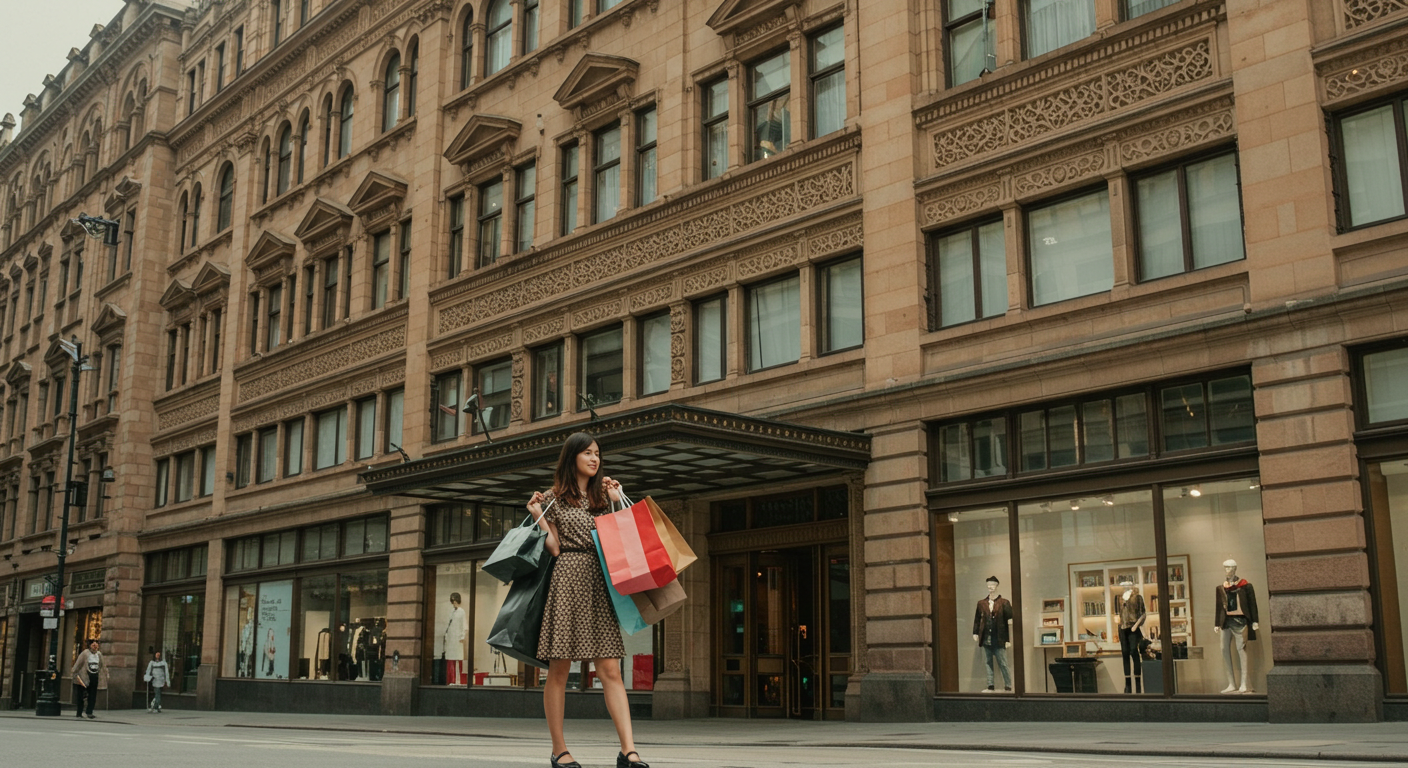 쇼핑몰 앞에서 쇼핑백을 들고 걷는 여성 사진