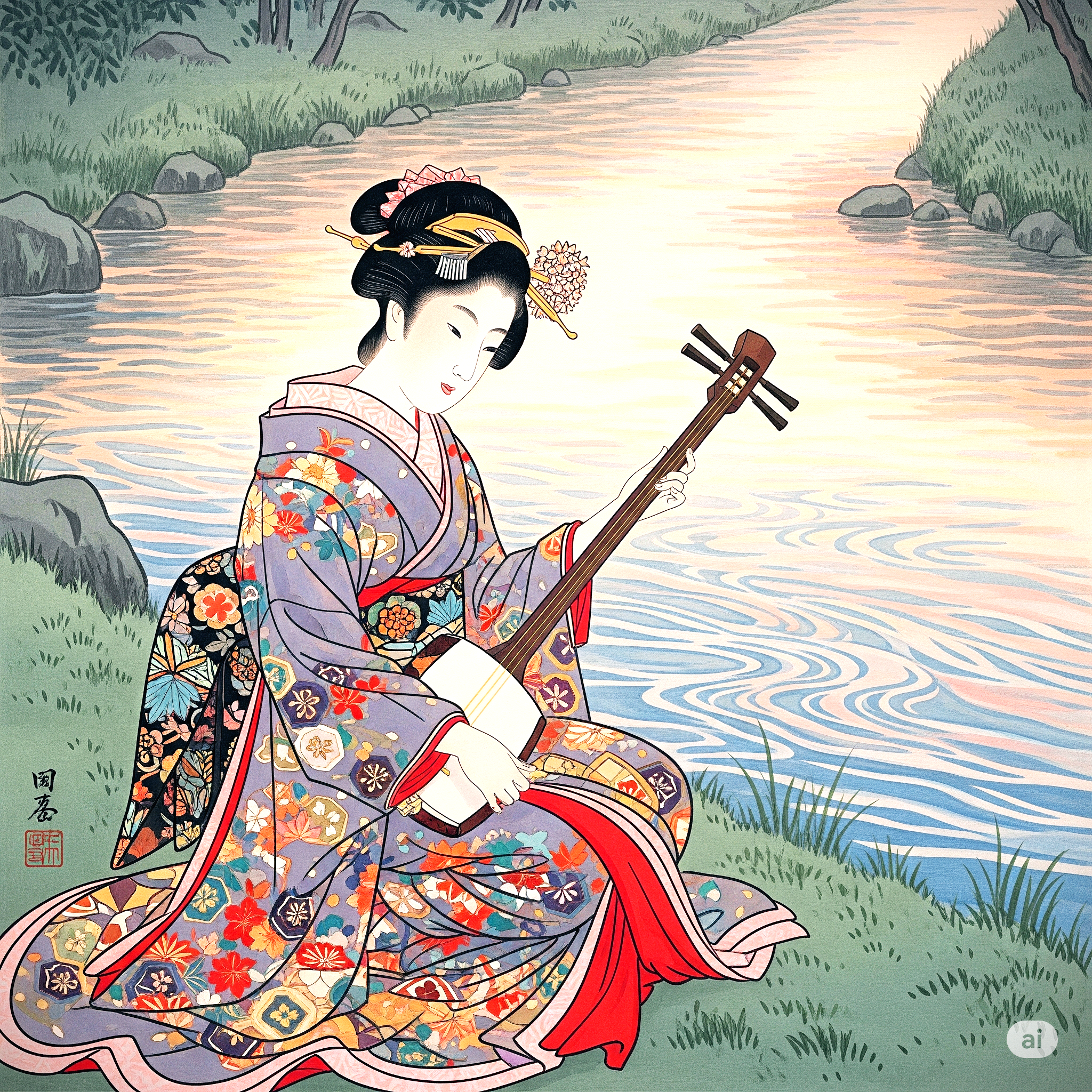 강가에서 샤미센 켜는 여인