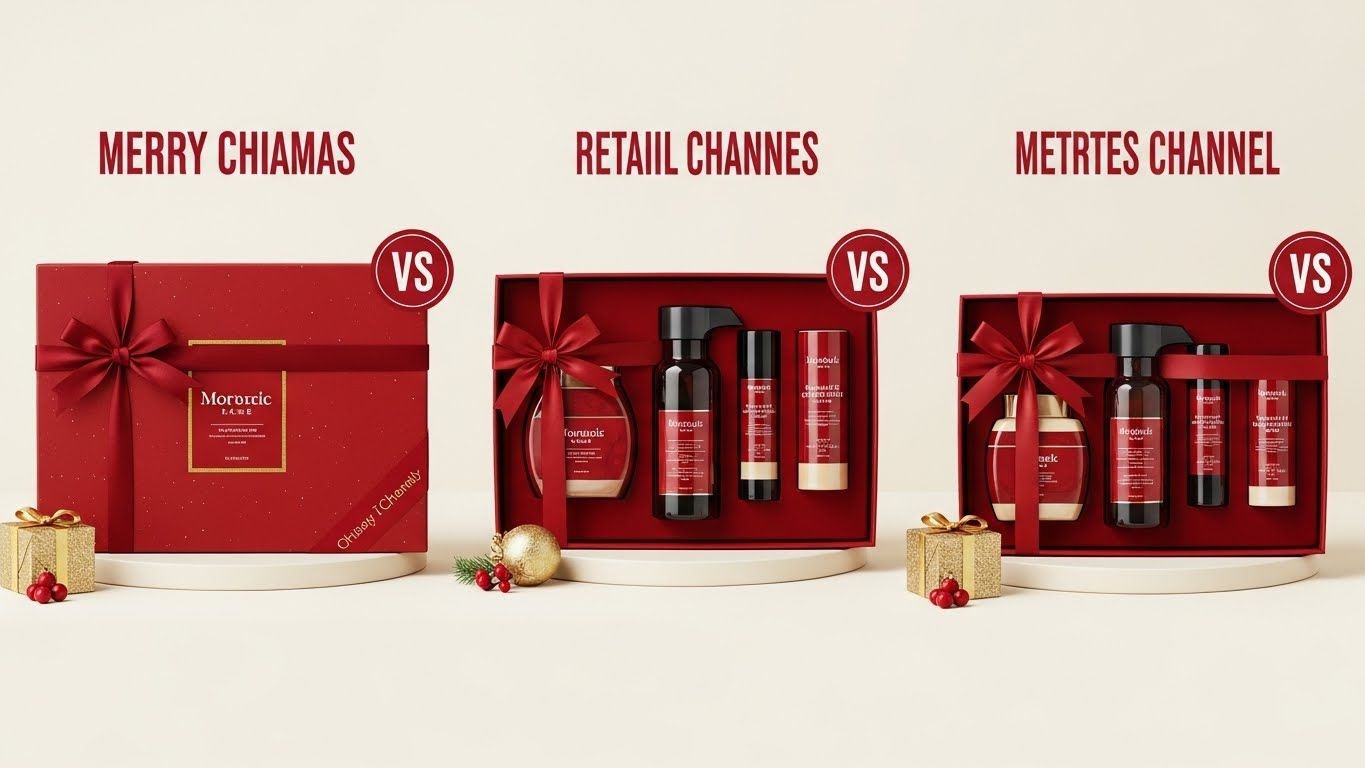 다양한 소매 환경에 전시된 다양한 설화수 자음생 크림 홀리데이 에디션 선물 세트의 시각적으로 매력적인 비교 사진입니다.