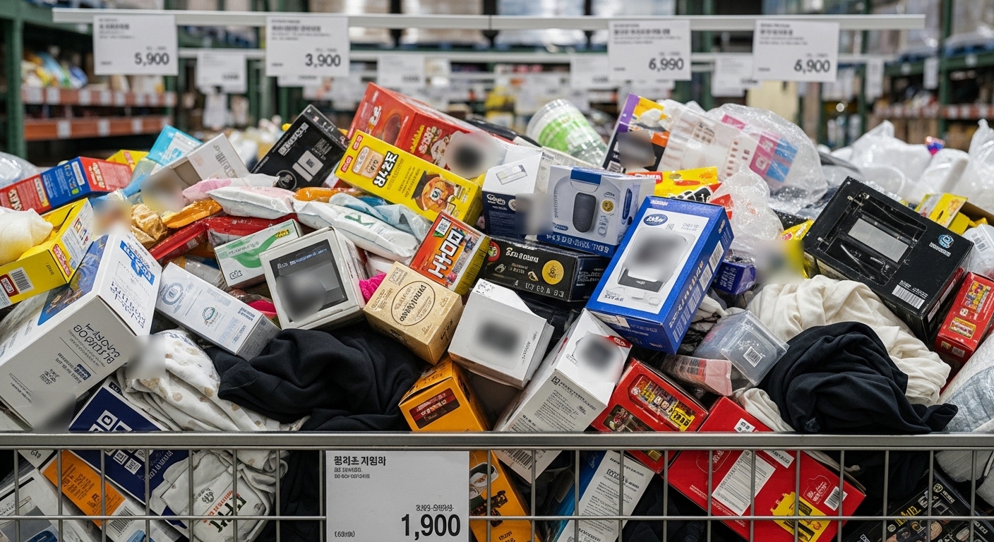 특가 상품이 담긴 바구니와 진열대 근접 장면 