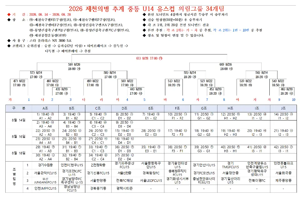 2026 제천의병 추계 중등 U14 유스컵 대진표(조편성 및 경기 일정, 8월 13일~8월 28일)