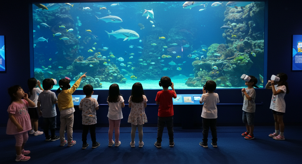 제주해양과학관에서 아쿠아리움과 VR 체험을 하는 아이들