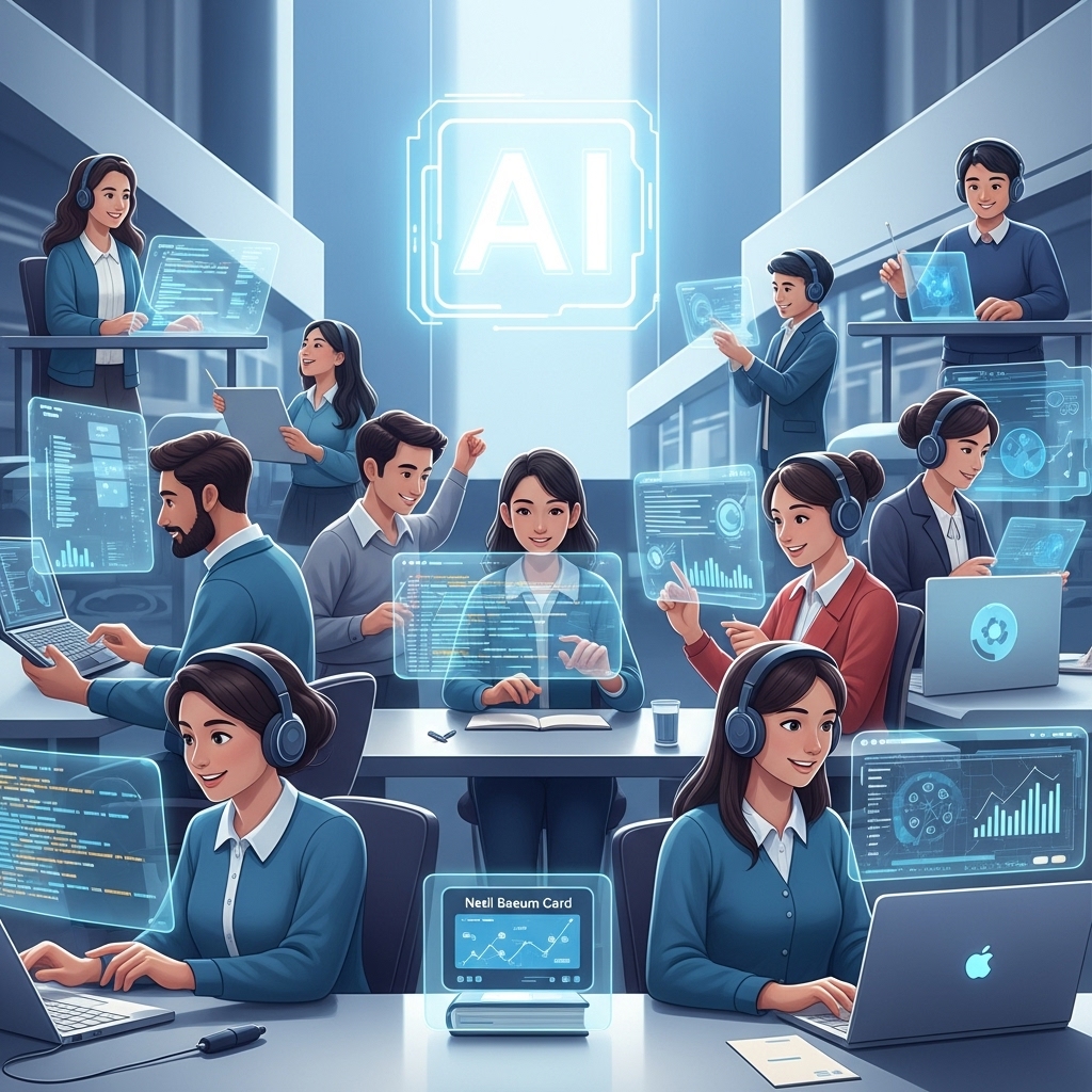 내일배움카드를 활용하여 AI 시대의 다양한 유망 기술을 배우고 있는 사람들의 모습. 코딩, 데이터 분석, AI 도구 활용 등 미래 지향적인 학습 환경을 보여줍니다.