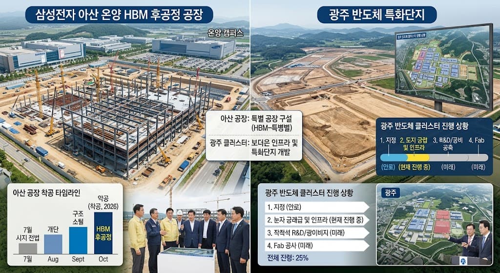 삼성전자 아산 온양사업장 HBM 후공정 공장 10월 착공 계획과 광주 반도체 클러스터 진행 상황 비교 이미지