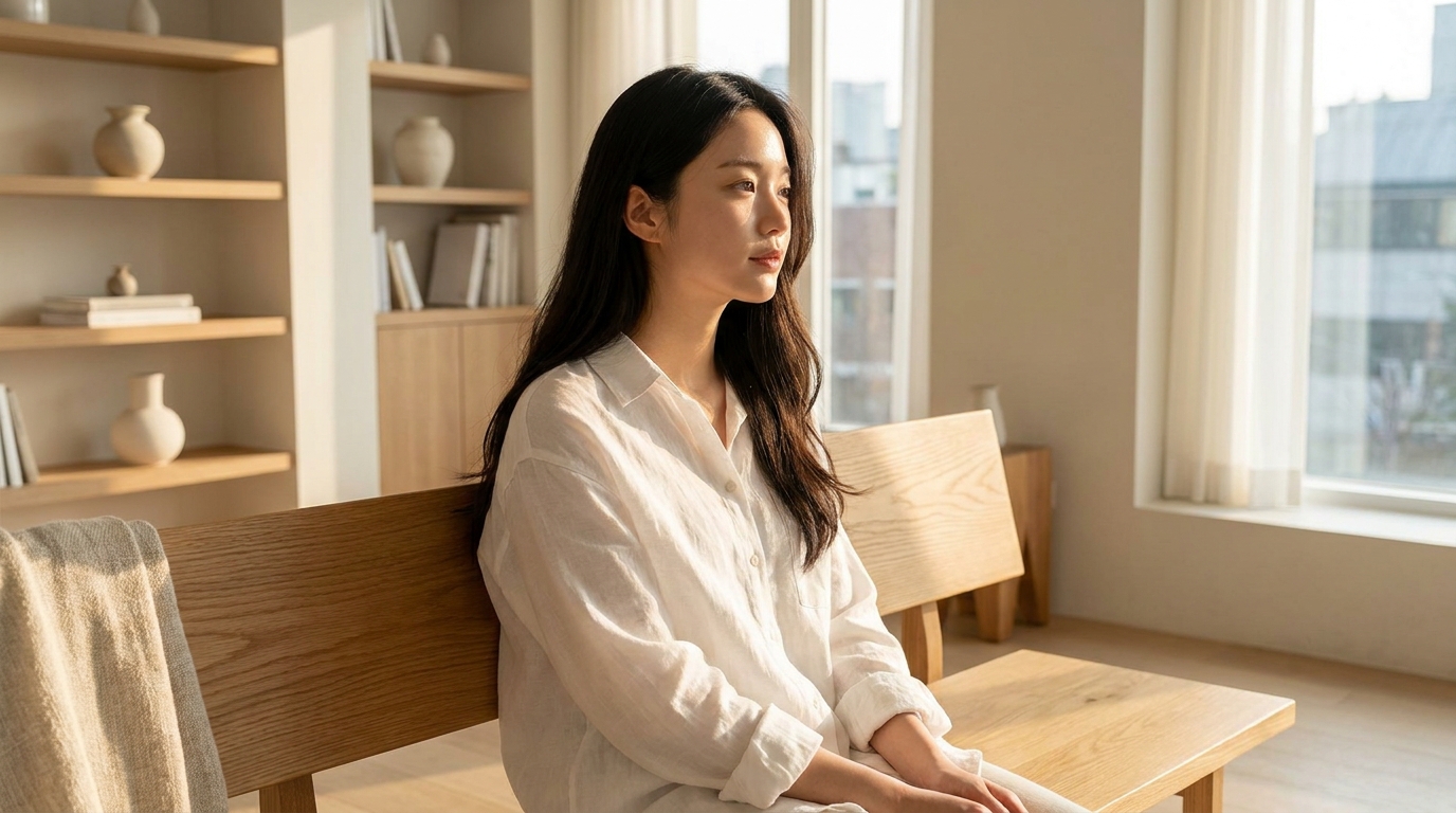 햇살이 맑게 들어오는 미니멀 인테리어 거실 원목 벤치에 앉아 미소 짓는 정갈한 분위기의 한국인 여성