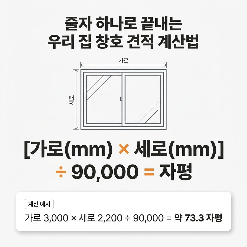 줄자 하나로 끝내는 우리 집 창호 견적 계산법. 창문의 가로(mm)와 세로(mm)를 곱한 뒤 90,000으로 나누어 '자평' 단위 면적을 구하는 공식과 상세 예시 안내.
