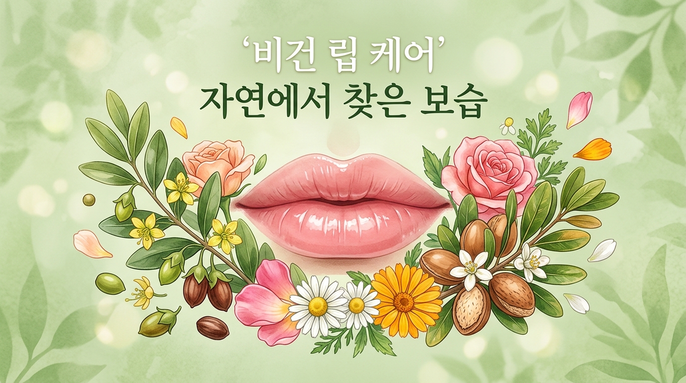 촉촉하고 생기 있는 입술 주변으로 호호바, 아르간 등 식물성 보습 성분을 상징하는 자연물들이 배치된 일러스트레이션. '비건 립 케어'와 '자연에서 찾은 보습'이라는 한글 문구가 적혀 있으며, 동물 유래 성분 없이도 자연의 힘으로 입술 건강을 지키는 비건 뷰티의 매력을 시각화함.