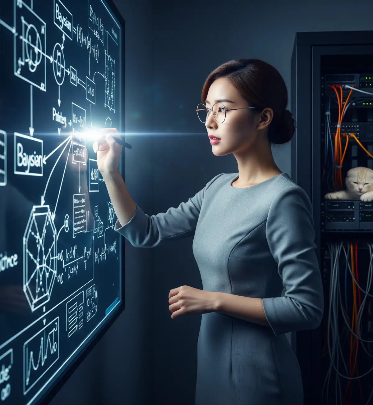 퀀트 애널리스트가 라이트보드에 베이지안 추론 과정을 시각화하며 문제 해결 과정을 보여주는 모습