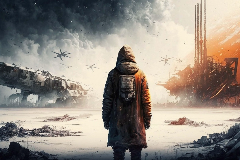 ai가 만든 폐허된 도시를 바라보는 한 사람의 모습