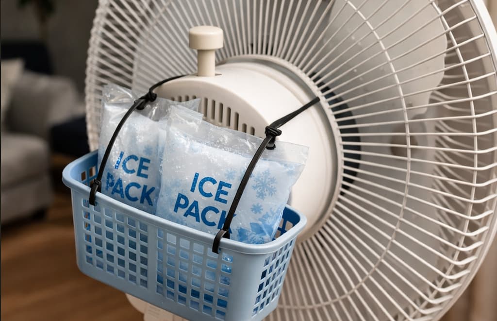 선풍기 앞에 아이스팩을 달아 냉풍 효과를 내는 모습