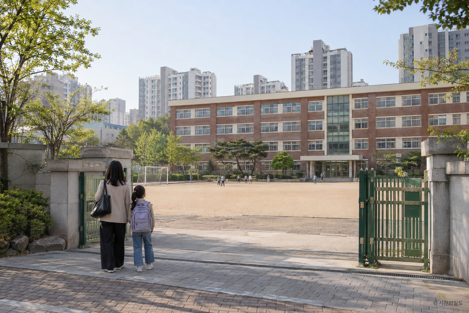 한국 초등학교 교문 앞에서 학교 쪽을 바라보는 보호자와 아이의 뒷모습을 담은 가상 장면