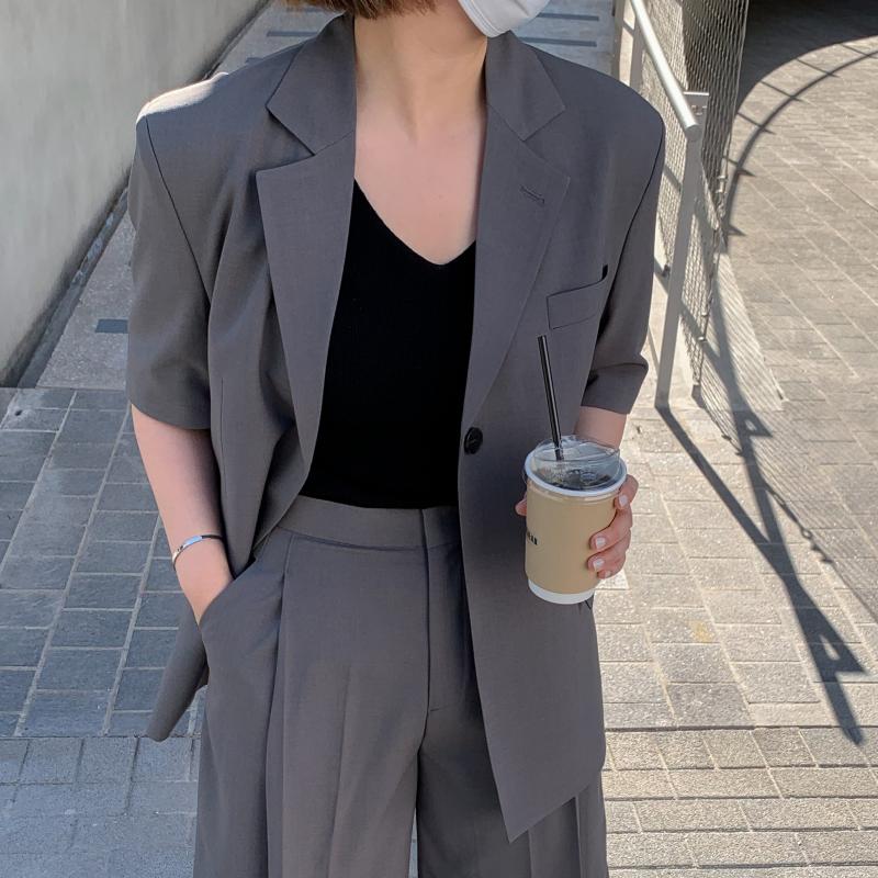 여름 오버핏 자켓 원버튼 반팔자켓 셋업 ( 블랙 차콜 )