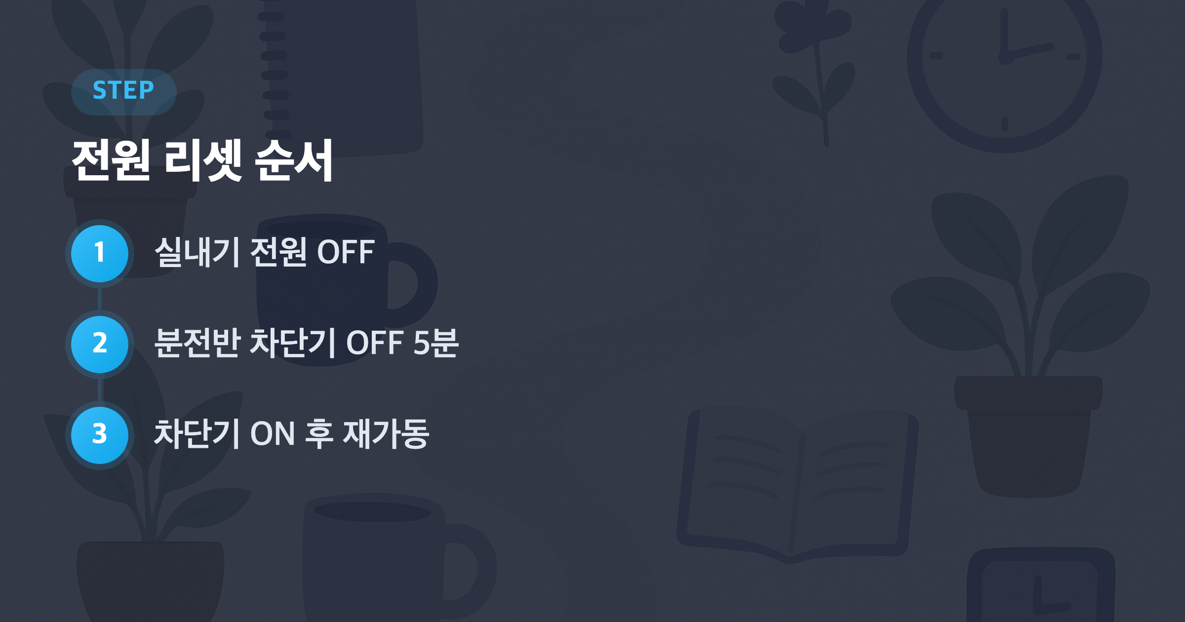 전원 리셋 순서: 실내기 전원 OFF, 분전반 차단기 OFF 5분, 차단기 ON 후 재가동