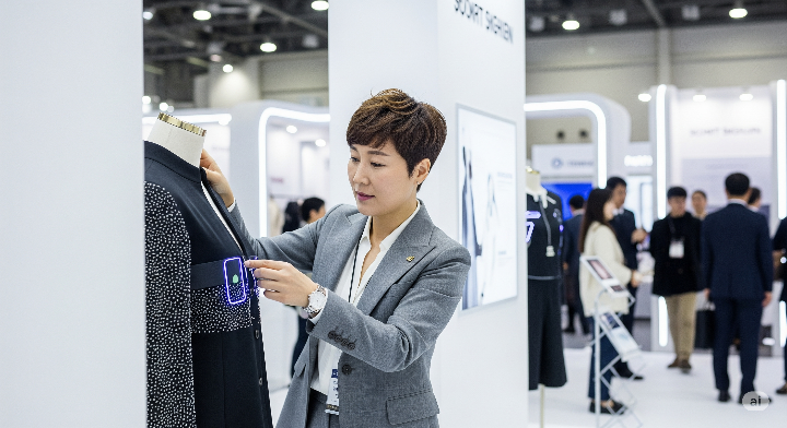 박람회에서 스마트 기능을 시연하는 여성 디자이너