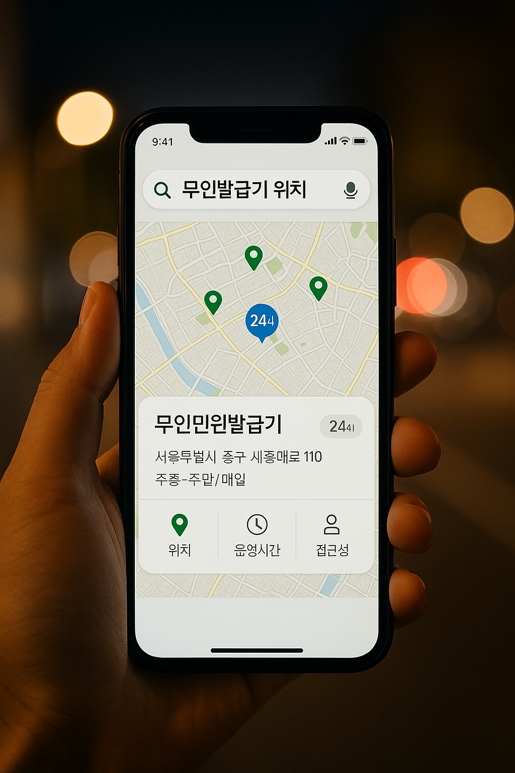 스마트폰으로 무인민원발급기 위치와 24시간 지점을 검색해 가까운 발급기를 찾는 장면