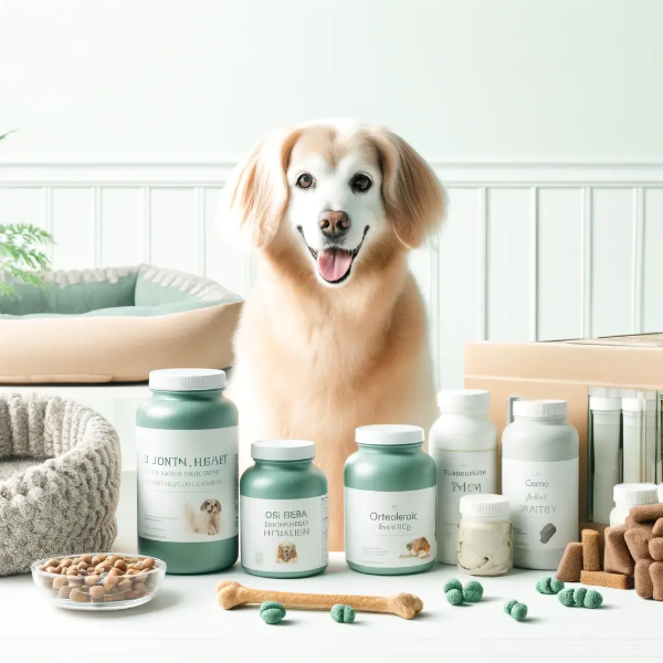 하얀 배경 위에 정돈된 강아지 관절 건강을 위한 필수 아이템들의 전문 스튜디오 촬영 사진