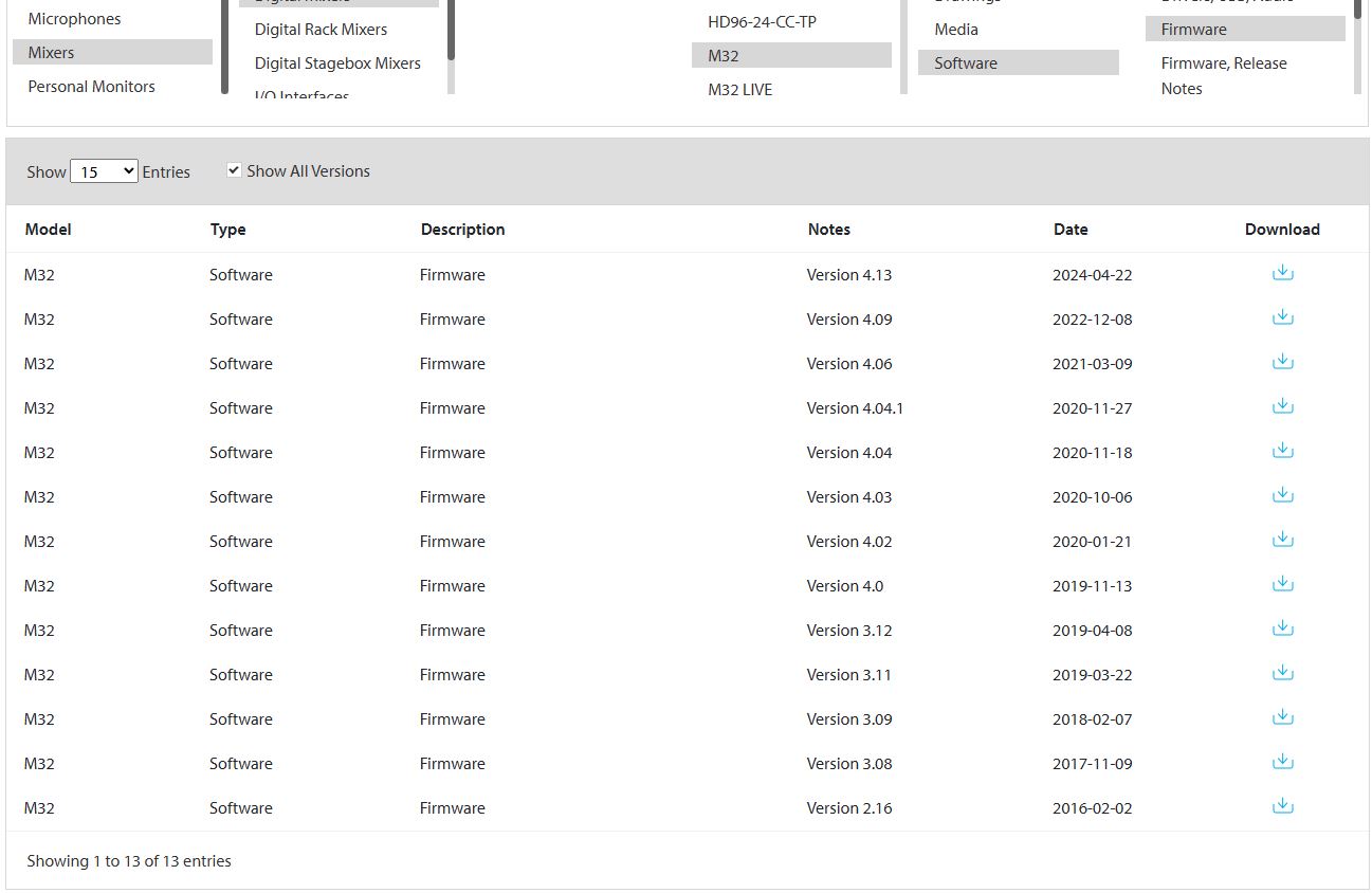 이전 펌웨어 다운로드 가능