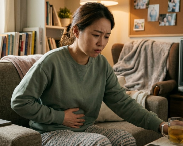 식후 더부룩함으로 배를 감싸고 있는 여성 - 신도림 구로 기능성소화불량