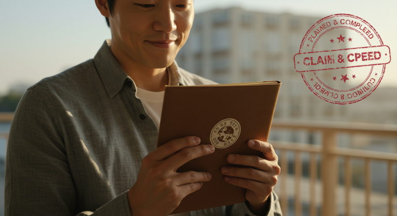 모든 여행자 보험 처리를 마치고 만족스러운 표정으로 여행을 마무리하는 남성.