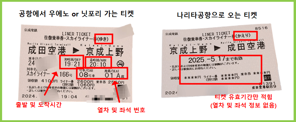 스카이라이너 예매 후 QR코드로 교환한 티켓 2장
