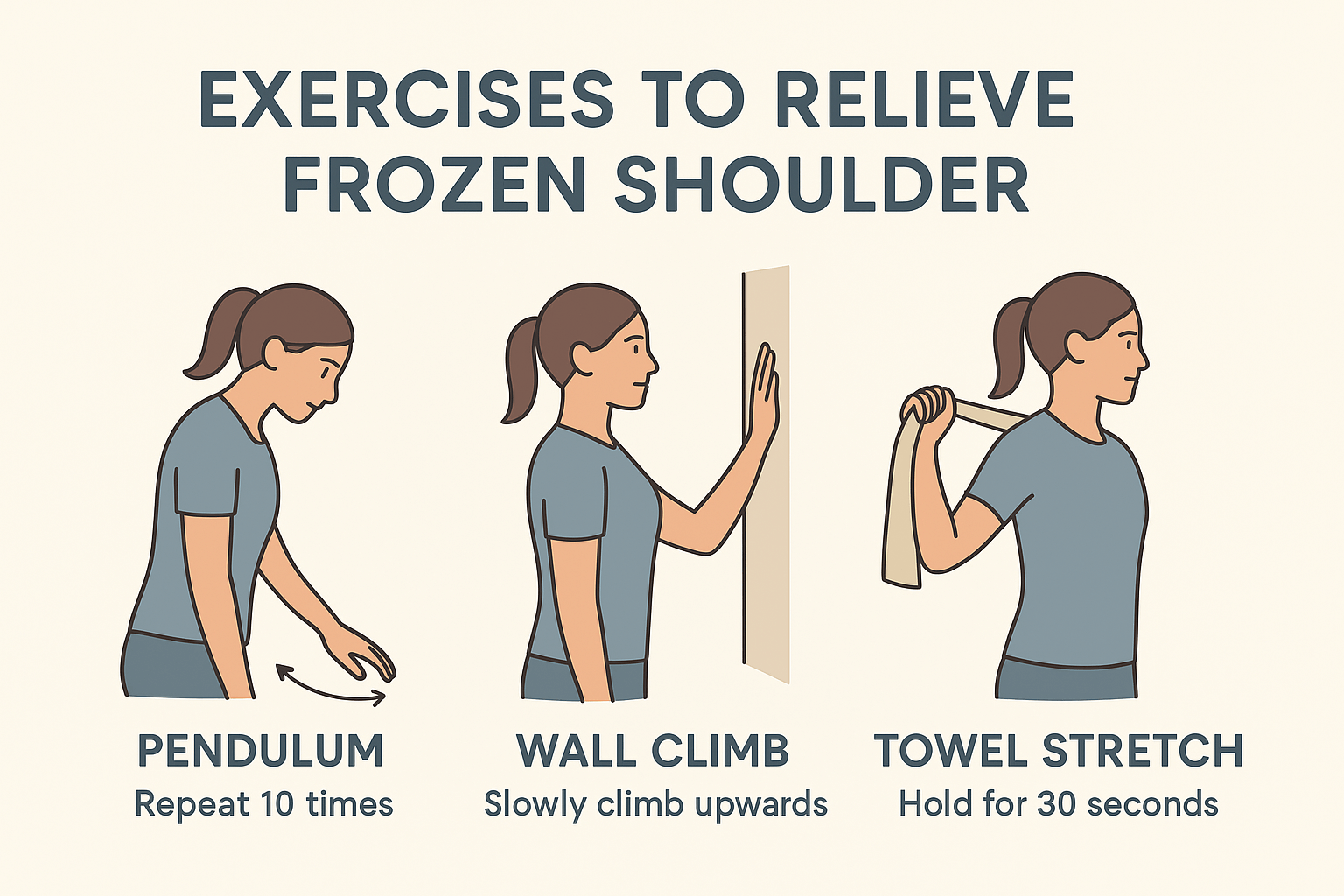 오십견 완화에 도움이 되는 어깨 스트레칭 운동 동작 설명 이미지(펜듈럼 운동, 벽타기, 수건 뒤로 잡기)