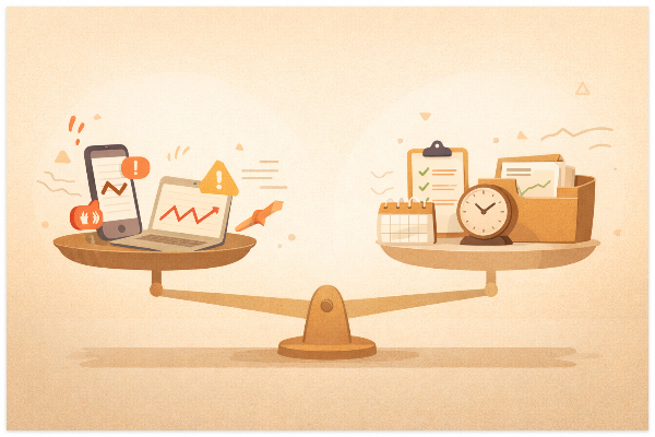 불안한 반응과 투자 원칙의 차이를 보여주는 균형 저울 일러스트