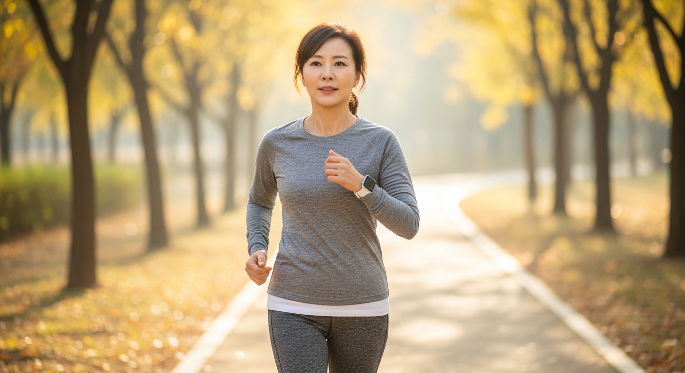 혈당 관리를 위해 아침에 빠르게 걷는 한국 중년 여성