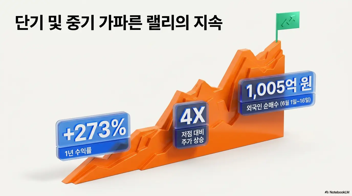 후성 주가의 단기 및 중기 가파른 랠리를 나타낸 인포그래픽. 1년 수익률 +273%, 저점 대비 약 4배 상승, 외국인 순매수 1,005억 원(6월 1~16일) 수치가 우상향 그래프 위에 표시돼 있음. 후성 주가 전망의 상승 동력과 수급을 시각적으로 전달함.
