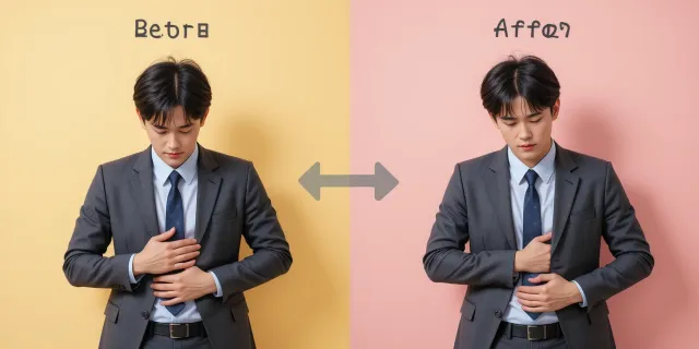 일시적 속 불편 등 가벼운 반응 후 용량을 줄여 개선되는 흐름을 표현한 그래픽 사진