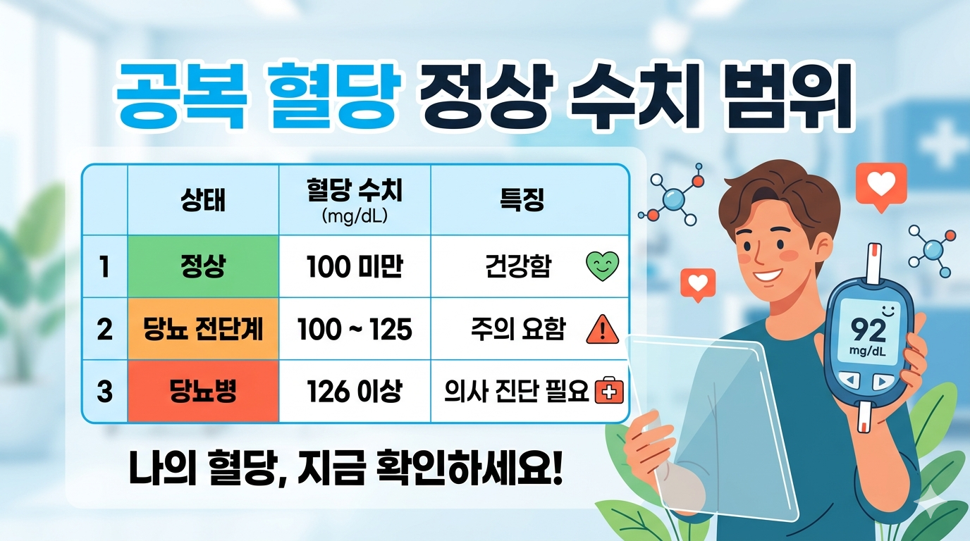 공복 혈당 정상 수치 범위를 나타내는 인포그래픽 표. 정상 100 미만, 당뇨 전단계 100에서 125, 당뇨병 126 이상 수치와 혈당 측정기를 든 남성 캐릭터 일러스트.