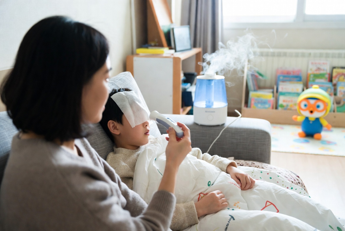 고열로 힘들어하는 어린이