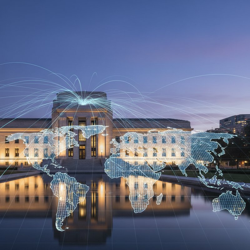 미국 연준 건물에서 글로벌 경제 영향력이 퍼져나가는 시네마틱 히어로 이미지