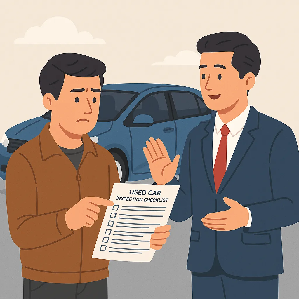 중고차 성능 점검표를 보며 딜러와 이야기 나누는 두 남성