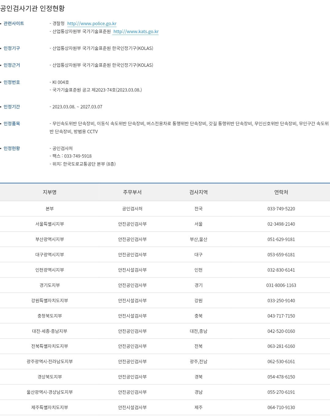 공인(장비)검사기관 인정현황 안내