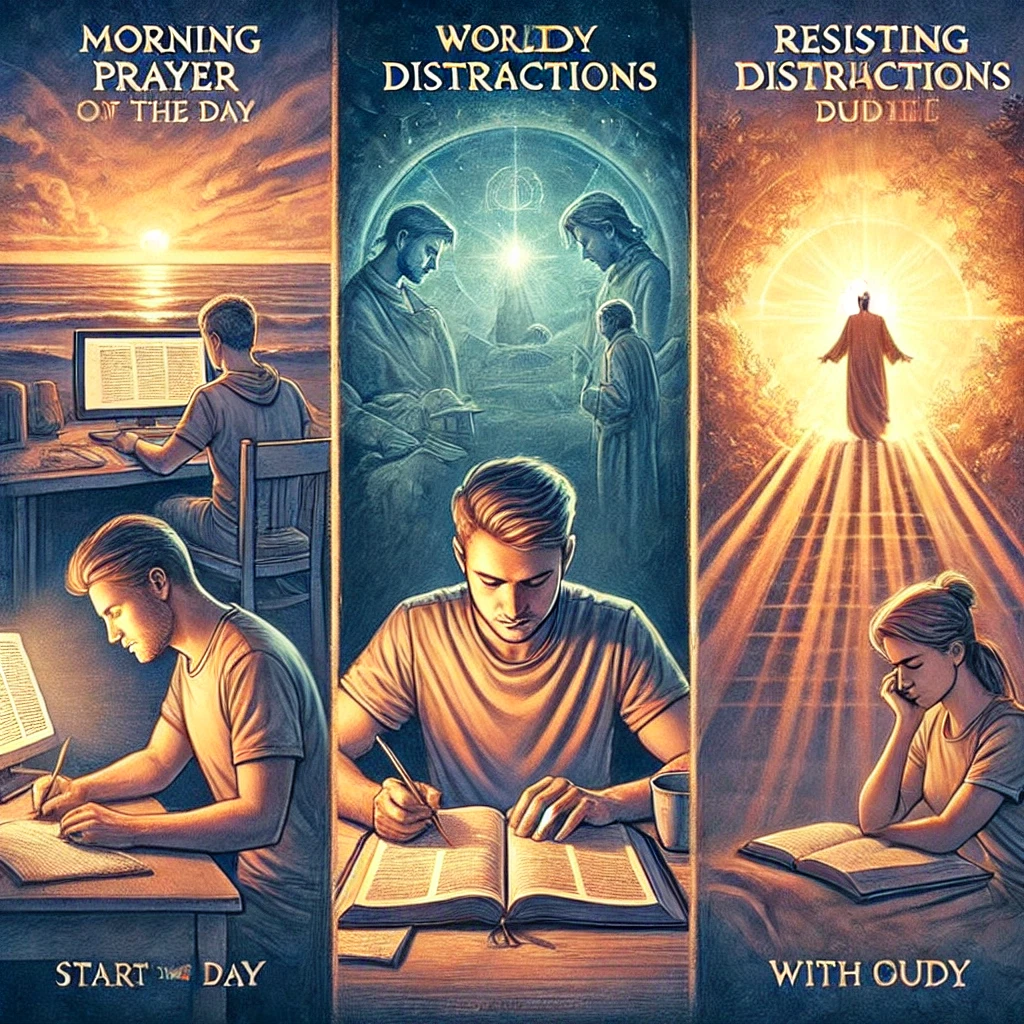 그림은 하나님을 우선순위로 삼으며 일상을 살아가는 모습을 담고 있습니다. 아침, 낮, 저녁 시간대를 통해 하나님과 동행하며 순종하는 삶의 선택이 강조되었습니다.