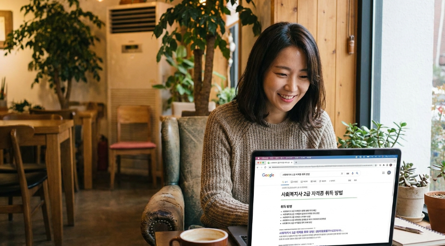 편안한 분위기에서 카페 노트북으로 자격증 정보를 검색
